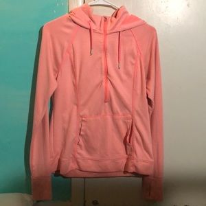 hooded pink and white striped half zip up